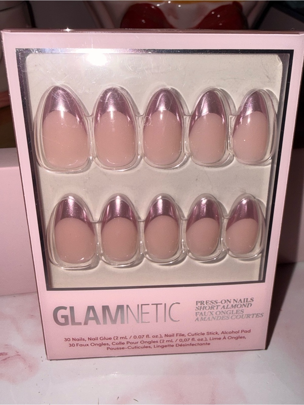 Glamnetic “Rock Candy” Pink Chrome Tip Press-On Short Almond Nails - 30 Pack